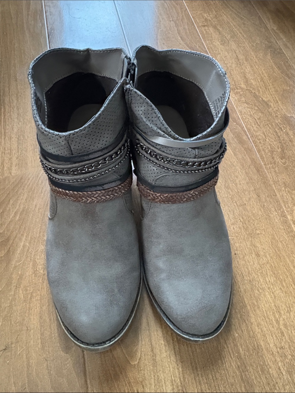 SO Gray Ankle Booties with Braided Strap and Chain Detail